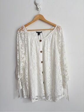 Nina Leonard White Floral Burnout Rayon Blouse 3X  Boho Chic NWOT